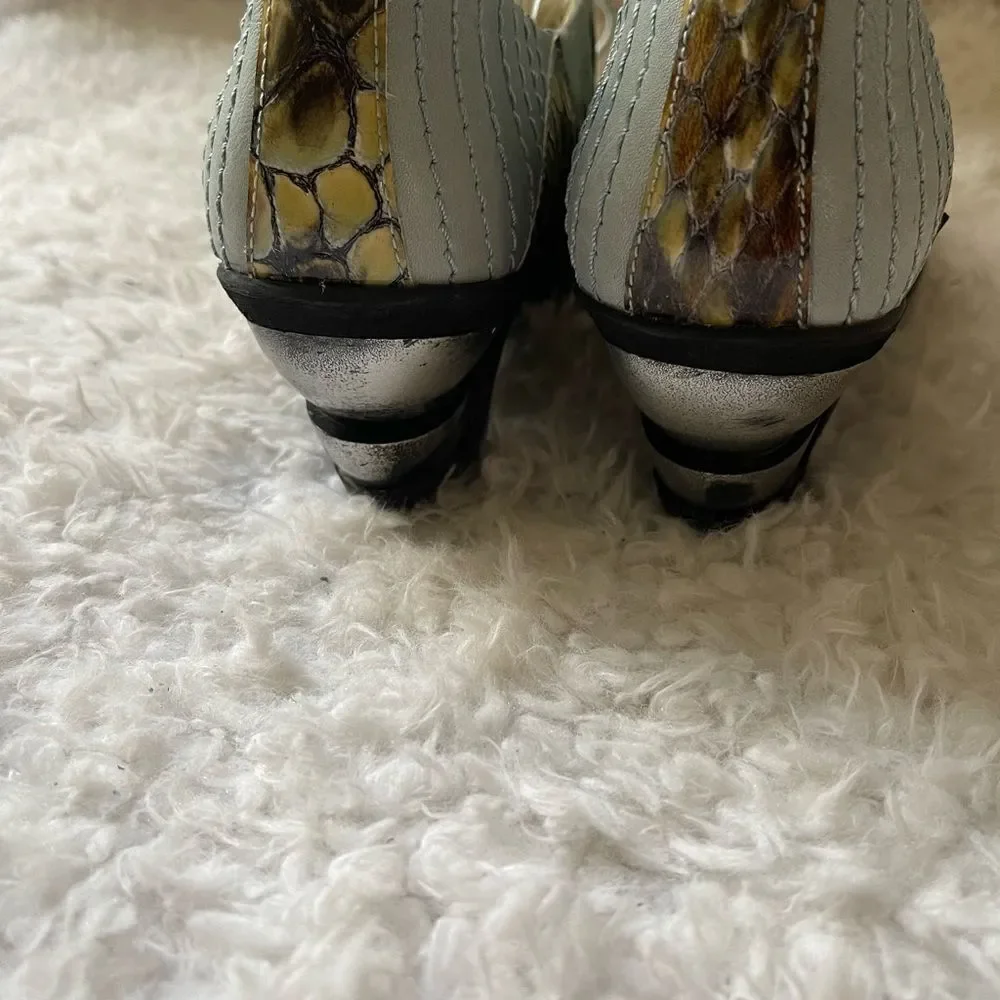 Eject leather&  suede blue lace shoes with patent reptile prints trim EUR SZ40